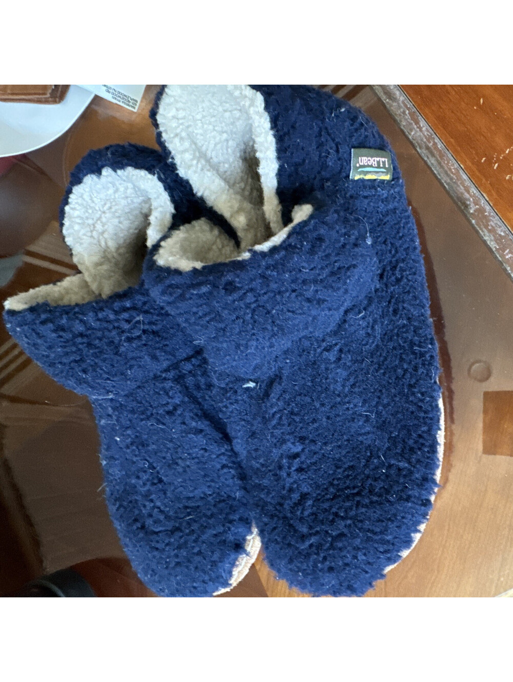 L.L.Bean Women's Bootie Slippers 9 Blue Wool Fleece Lined Rubber Sole Logo